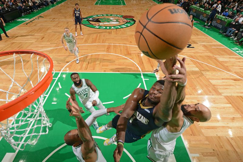 BOSTON, MA - JANUARY 29: Zion Williamson #1 of the New Orleans Pelicans drives to the basket during the game against the Boston Celtics on January 29, 2024 at the TD Garden in Boston, Massachusetts. NOTE TO USER: User expressly acknowledges and agrees that, by downloading and or using this photograph, User is consenting to the terms and conditions of the Getty Images License Agreement. Mandatory Copyright Notice: Copyright 2024 NBAE  (Photo by Brian Babineau/NBAE via Getty Images)