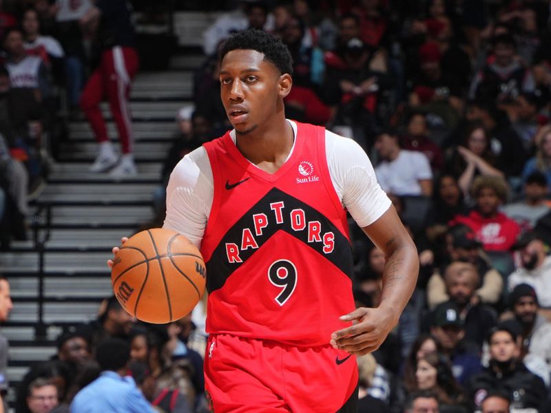 TORONTO, CANADA - DECEMBER 05: RJ Barrett #9 of the Toronto Raptors dribbles the ball during the game against the Oklahoma City Thunder on December 05, 2024 at the Scotiabank Arena in Toronto, Ontario, Canada.  NOTE TO USER: User expressly acknowledges and agrees that, by downloading and or using this Photograph, user is consenting to the terms and conditions of the Getty Images License Agreement.  Mandatory Copyright Notice: Copyright 2024 NBAE (Photo by Mark Blinch/NBAE via Getty Images)