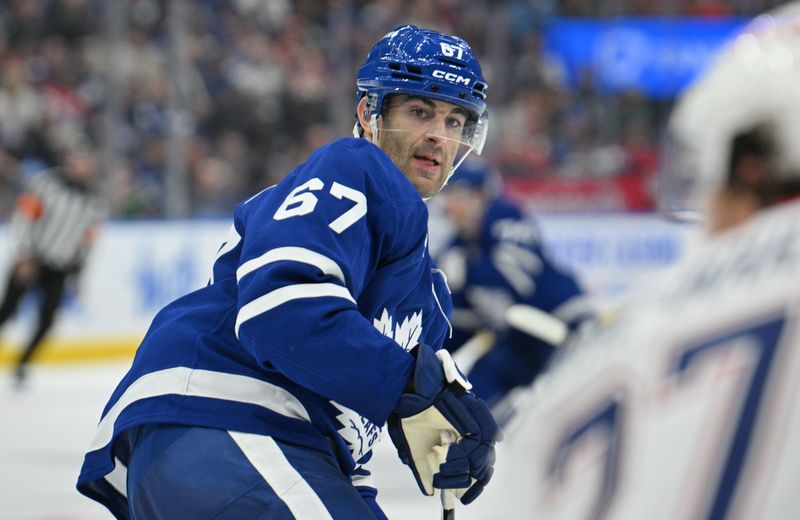 Sep 26, 2024; Toronto, Ontario, CAN;  Toronto Maple Leafs forward Max Pacioretty (67) tracks the play against the Montreal Canadiens in the third period at Scotiabank Arena. Mandatory Credit: Dan Hamilton-Imagn Images