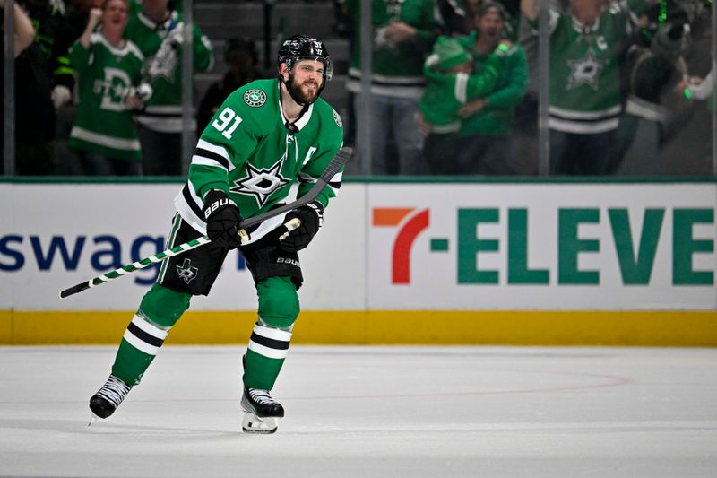 May 23, 2024; Dallas, Texas, USA; Dallas Stars center Tyler Seguin (91) skates off the ice after scoring the game tying goal against the Edmonton Oilers during the third period in game one of the Western Conference Final of the 2024 Stanley Cup Playoffs at American Airlines Center. Mandatory Credit: Jerome Miron-USA TODAY Sports