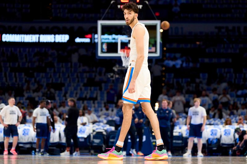 OKLAHOMA CITY, OKLAHOMA - APRIL 21: Chet Holmgren #7 of the Oklahoma City Thunder warms up before tipoff against the New Orleans Pelicans in game one of the Western Conference First Round Playoffs at the Paycom Center on April 21, 2024 in Oklahoma City, Oklahoma. NOTE TO USER: User expressly acknowledges and agrees that, by downloading and or using this photograph, User is consenting to the terms and conditions of the Getty Images License Agreement.  (Photo by Cooper Neill/Getty Images)