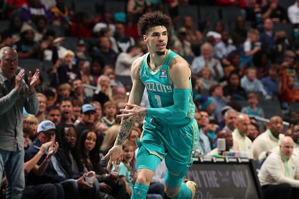 CHARLOTTE, NC - NOVEMBER 17: LaMelo Ball #1 of the Charlotte Hornets celebrates a three point basket during the game against the Milwaukee Bucks during the In-Season Tournament on November 17, 2023 at Spectrum Center in Charlotte, North Carolina. NOTE TO USER: User expressly acknowledges and agrees that, by downloading and or using this photograph, User is consenting to the terms and conditions of the Getty Images License Agreement. Mandatory Copyright Notice: Copyright 2023 NBAE (Photo by Kent Smith/NBAE via Getty Images)