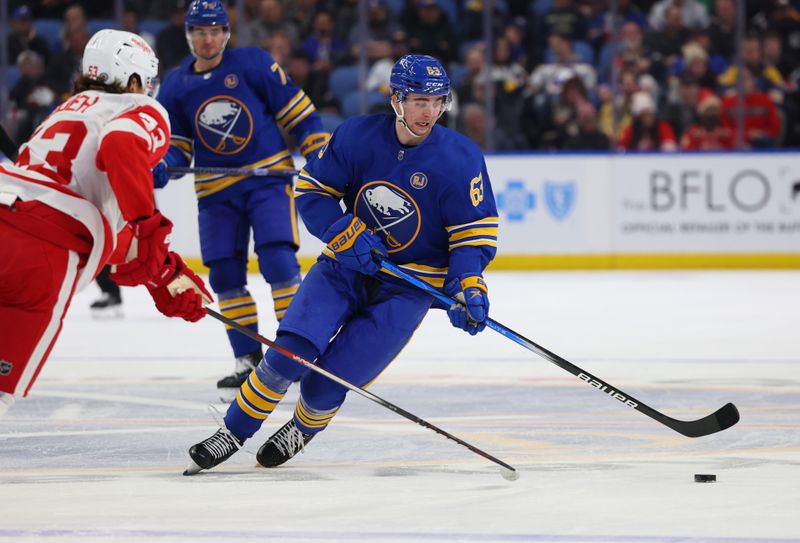 Dec 5, 2023; Buffalo, New York, USA;  Buffalo Sabres right wing Isak Rosen (63) skates up ice with the puck during the second period against the Detroit Red Wings at KeyBank Center. Mandatory Credit: Timothy T. Ludwig-USA TODAY Sports