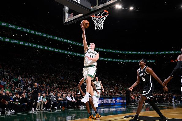 BOSTON, MA - NOVEMBER 10: Payton Pritchard #11 of the Boston Celtics shoots the ball during the game against the Brooklyn Nets during the In-Season Tournament on November 10, 2023 at the TD Garden in Boston, Massachusetts. NOTE TO USER: User expressly acknowledges and agrees that, by downloading and or using this photograph, User is consenting to the terms and conditions of the Getty Images License Agreement. Mandatory Copyright Notice: Copyright 2023 NBAE  (Photo by Brian Babineau/NBAE via Getty Images)