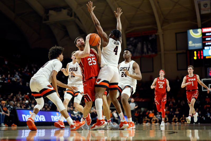 Jan 26, 2023; Corvallis, Oregon, USA; Utah Utes guard Rollie Worster (25) attempts to score as Oregon State Beavers guard Dexter Akanno (4) and Jordan Pope (0, left)  defend during the second half at Gill Coliseum. Mandatory Credit: Soobum Im-USA TODAY Sports