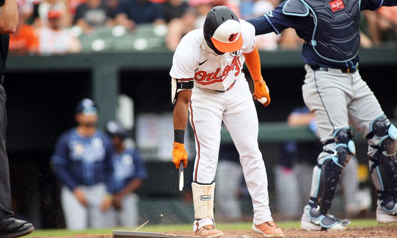 Jun 2, 2024; Baltimore, Maryland, USA; Baltimore Orioles outfielder Cedric Mullins (31) breaks his bat after a strikeout during the seventh inning against the Tampa Bay Rays at Oriole Park at Camden Yards. Mandatory Credit: Daniel Kucin Jr.-USA TODAY Sports