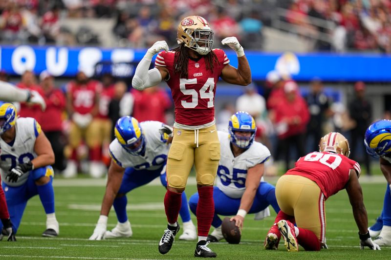 San Francisco 49ers linebacker Fred Warner celebrates during the first half of an NFL football game Los Angeles Rams Sunday, Sept. 17, 2023, in Inglewood, Calif. (AP Photo/Gregory Bull)