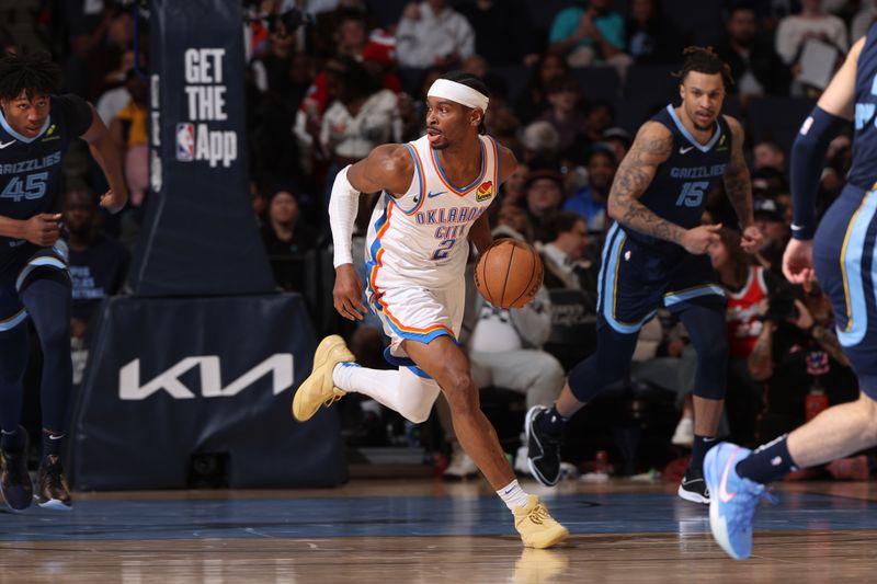 MEMPHIS, TN - MARCH 5:  Shai Gilgeous-Alexander #2 of the Oklahoma City Thunder handles the ball during the game against the Memphis Grizzlies on March 5, 2025 at FedExForum in Memphis, Tennessee. NOTE TO USER: User expressly acknowledges and agrees that, by downloading and or using this photograph, User is consenting to the terms and conditions of the Getty Images License Agreement. Mandatory Copyright Notice: Copyright 2025 NBAE (Photo by Joe Murphy/NBAE via Getty Images)