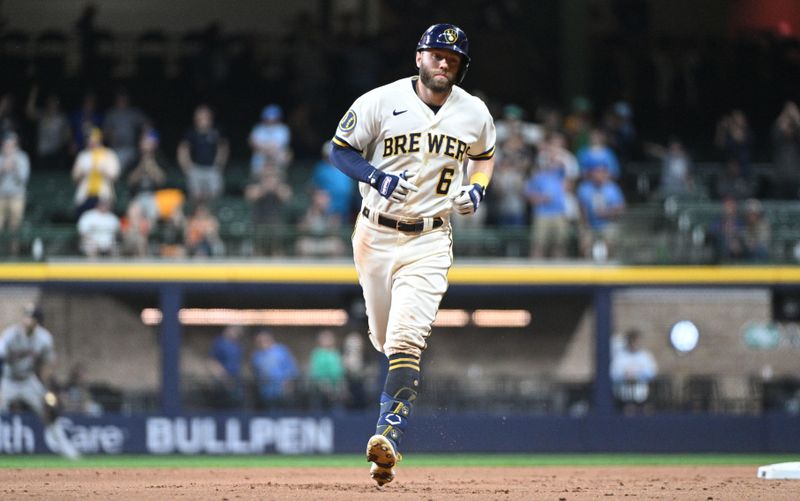 May 23, 2023; Milwaukee, Wisconsin, USA; Milwaukee Brewers second baseman Owen Miller (6) rounds the bases after hitting a home run against the Houston Astros at American Family Field. Mandatory Credit: Michael McLoone-USA TODAY Sports