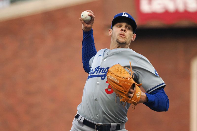May 14, 2024; San Francisco, California, USA;  Los Angeles Dodgers starting pitcher Gavin Stone (35) pitches against the San Francisco Giants during the first inning at Oracle Park. Mandatory Credit: Kelley L Cox-USA TODAY Sports