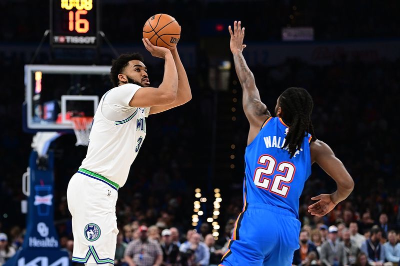 OKLAHOMA CITY, OKLAHOMA - JANUARY 29: Karl-Anthony Towns #32 of the Minnesota Timberwolves puts up a shot during the second half against the Oklahoma City Thunder at Paycom Center on January 29, 2024 in Oklahoma City, Oklahoma. NOTE TO USER: User expressly acknowledges and agrees that, by downloading and or using this Photograph, user is consenting to the terms and conditions of the Getty Images License Agreement. (Photo by Joshua Gateley/Getty Images)