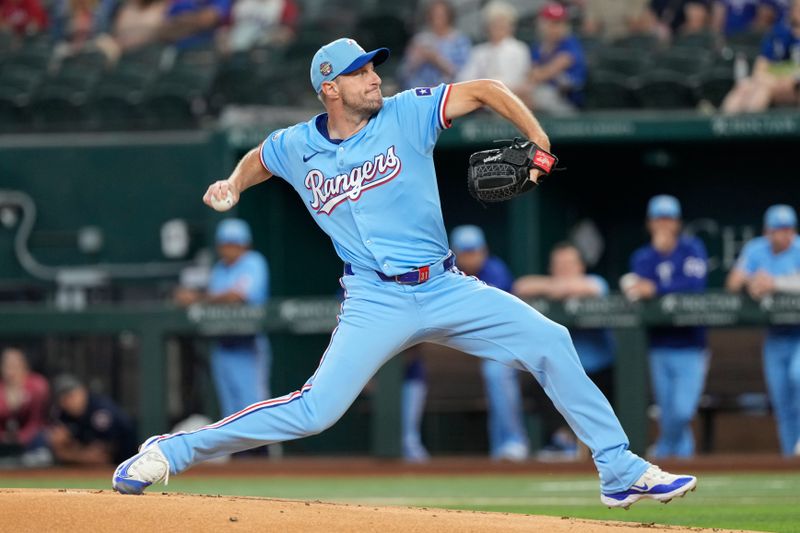 Jun 23, 2024; Arlington, Texas, USA; Texas Rangers starting pitcher Max Scherzer (31) delivers a pitch to the Kansas City Royals during the first inning at Globe Life Field. Mandatory Credit: Jim Cowsert-USA TODAY Sports