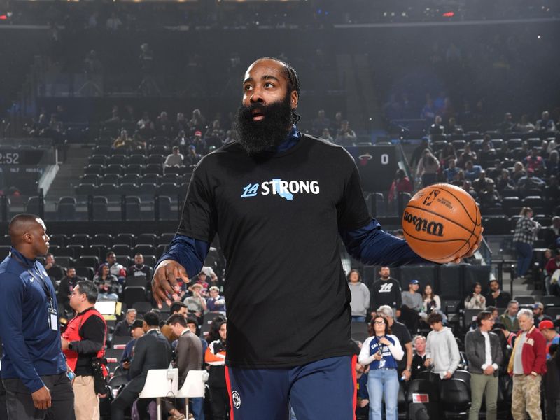 INGLEWOOD, CA - JANUARY 13:  James Harden #1 of the LA Clippers warms up before the game against the Miami Heat on January 13, 2025 at Intuit Dome in Los Angeles, California. NOTE TO USER: User expressly acknowledges and agrees that, by downloading and/or using this Photograph, user is consenting to the terms and conditions of the Getty Images License Agreement. Mandatory Copyright Notice: Copyright 2025 NBAE (Photo by Juan Ocampo/NBAE via Getty Images)