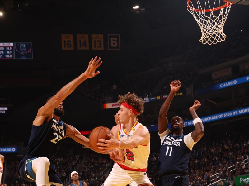 SAN FRANCISCO, CA - DECEMBER 8: Brandin Podziemski #2 of the Golden State Warriors passes the ball during the game against the Minnesota Timberwolves on October 22, 2024 at Chase Center in San Francisco, California. NOTE TO USER: User expressly acknowledges and agrees that, by downloading and or using this photograph, user is consenting to the terms and conditions of Getty Images License Agreement. Mandatory Copyright Notice: Copyright 2024 NBAE (Photo by Jed Jacobsohn/NBAE via Getty Images)