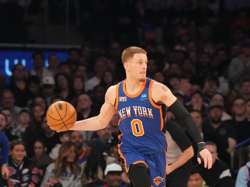 NEW YORK, NY - FEBRUARY 10: Donte Divincenzo #0 of the New York Knicks passes the ball during the game against the Indiana Pacers on February 10, 2024 at Madison Square Garden in New York City, New York.  NOTE TO USER: User expressly acknowledges and agrees that, by downloading and or using this photograph, User is consenting to the terms and conditions of the Getty Images License Agreement. Mandatory Copyright Notice: Copyright 2024 NBAE  (Photo by Jesse D. Garrabrant/NBAE via Getty Images)