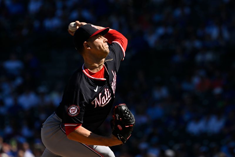 Sep 21, 2024; Chicago, Illinois, USA;  Washington Nationals pitcher MacKenzie Gore (1) delivers against the Chicago Cubs during the first inning at Wrigley Field. Mandatory Credit: Matt Marton-Imagn Images