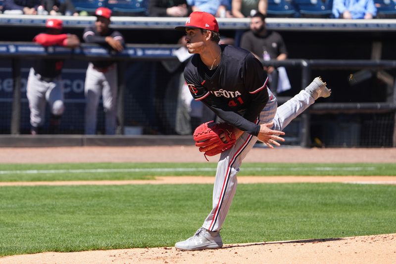 Mar 6, 2025; Tampa, Florida, USA; Minnesota Twins pitcher Joe Ryan (41) throws a pitch against the New York Yankees during the first inning at George M. Steinbrenner Field. Mandatory Credit: Dave Nelson-Imagn Images