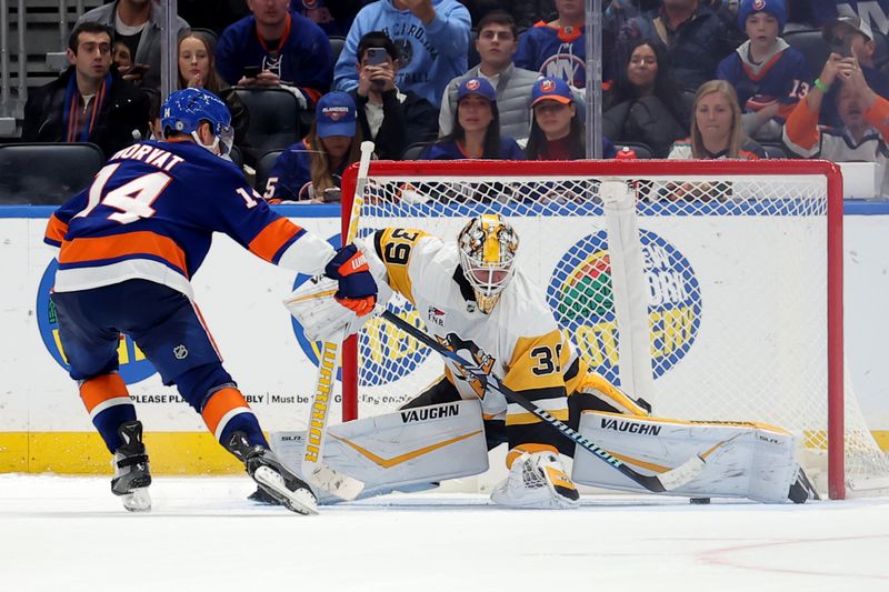 Nov 5, 2024; Elmont, New York, USA; New York Islanders center Bo Horvat (14) scores a goal against Pittsburgh Penguins goaltender Alex Nedeljkovic (39) during the shootout at UBS Arena. Mandatory Credit: Brad Penner-Imagn Images