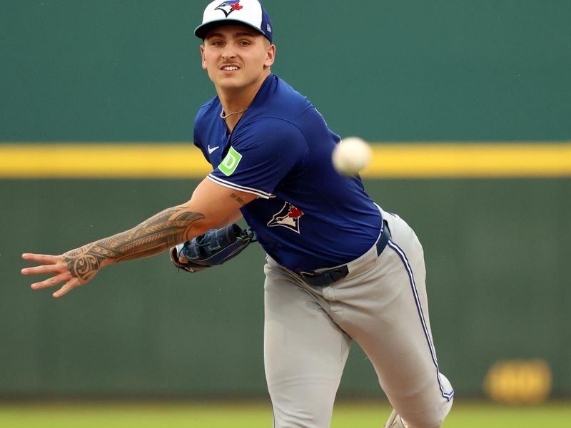 Mar 21, 2024; Bradenton, Florida, USA; Toronto Blue Jays pitcher Ricky Tiedemann (70) throws a pitch during the first inning against the Pittsburgh Pirates at LECOM Park. Mandatory Credit: Kim Klement Neitzel-USA TODAY Sports