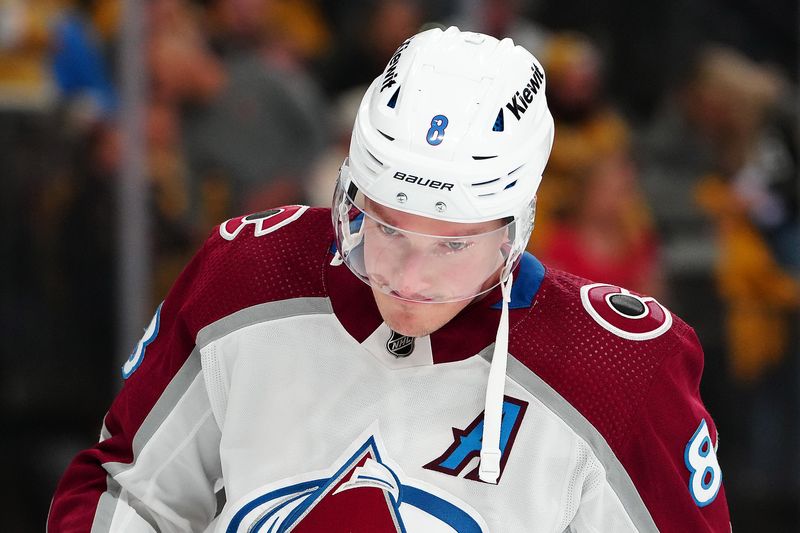 Apr 14, 2024; Las Vegas, Nevada, USA; Colorado Avalanche defenseman Cale Makar (8) warms up before the start of a game against the Vegas Golden Knights at T-Mobile Arena. Mandatory Credit: Stephen R. Sylvanie-USA TODAY Sports