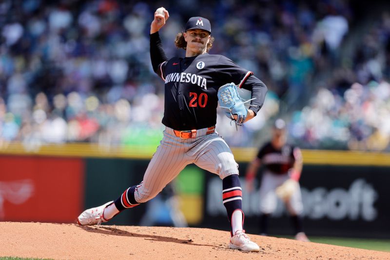 Jun 1, 2025; Seattle, Washington, USA; Minnesota Twins starting pitcher Chris Paddack (20) throws against the Seattle Mariners during the second inning at T-Mobile Park. Mandatory Credit: John Froschauer-Imagn Images