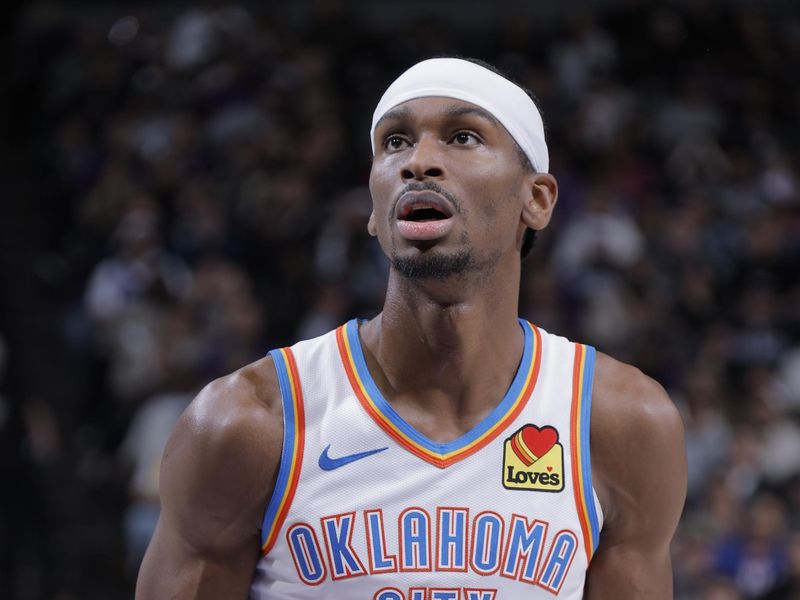 SACRAMENTO, CA - NOVEMBER 25: Shai Gilgeous-Alexander #2 of the Oklahoma City Thunder shoots a free throw during the game against the Sacramento Kings on November 25, 2024 at Golden 1 Center in Sacramento, California. NOTE TO USER: User expressly acknowledges and agrees that, by downloading and or using this Photograph, user is consenting to the terms and conditions of the Getty Images License Agreement. Mandatory Copyright Notice: Copyright 2024 NBAE (Photo by Rocky Widner/NBAE via Getty Images)