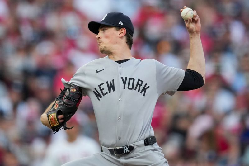 Jun 25, 2025; Cincinnati, Ohio, USA; New York Yankees pitcher Max Fried throws against the Cincinnati Reds in the third inning at Great American Ball Park. Mandatory Credit: Aaron Doster-Imagn Images