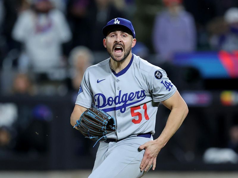 May 23, 2025; New York City, New York, USA; Los Angeles Dodgers relief pitcher Alex Vesia (51) reacts during the ninth inning against the New York Mets at Citi Field. Mandatory Credit: Brad Penner-Imagn Images
