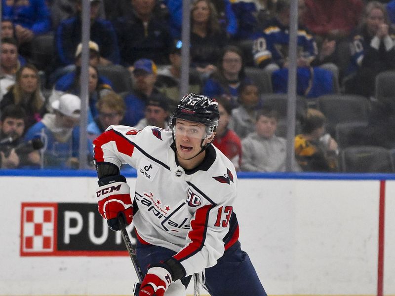 Nov 9, 2024; St. Louis, Missouri, USA;  Washington Capitals left wing Jakub Vrana (13) controls the puck against the St. Louis Blues during the first period at Enterprise Center. Mandatory Credit: Jeff Curry-Imagn Images