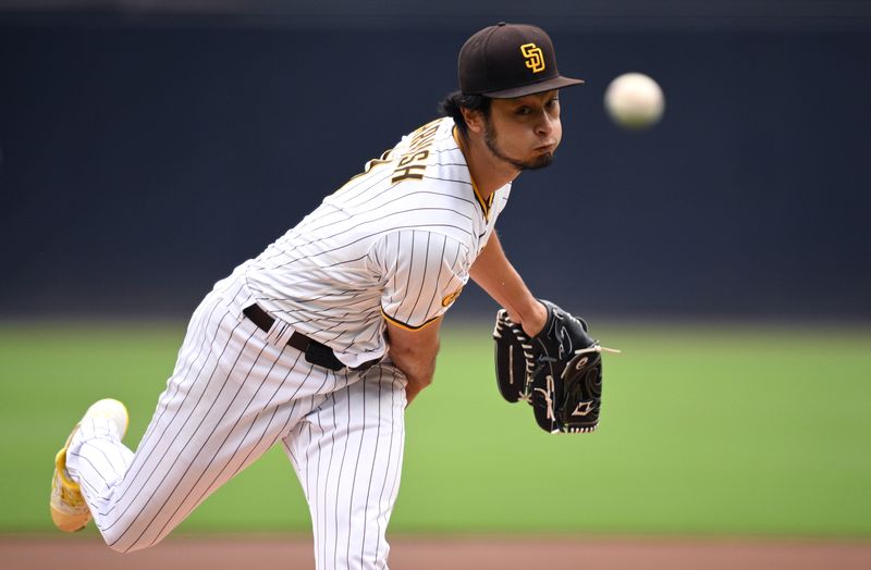 May 17, 2023; San Diego, California, USA; San Diego Padres starting pitcher Yu Darvish (11) throws a pitch against the Kansas City Royals during the first inning at Petco Park. Mandatory Credit: Orlando Ramirez-USA TODAY Sports
