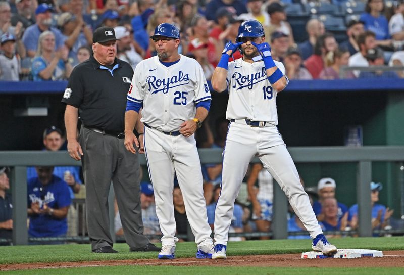 Aug 5, 2024; Kansas City, Missouri, USA;  Kansas City Royals second baseman Michael Massey (19) reacts after hitting a triple in the fourth inning against the Boston Red Sox at Kauffman Stadium. Mandatory Credit: Peter Aiken-USA TODAY Sports