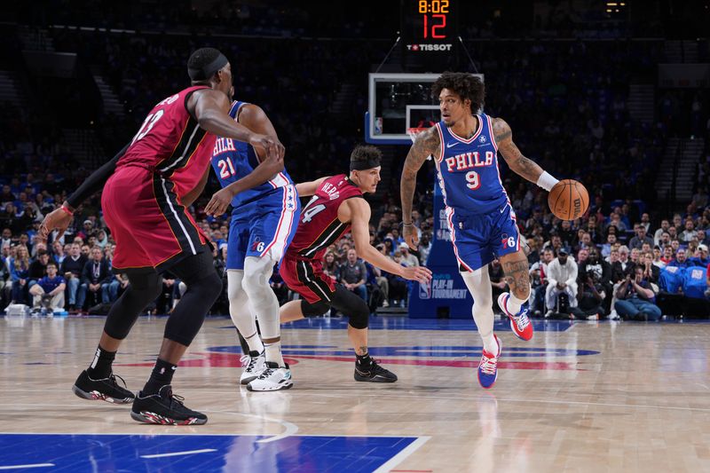 PHILADELPHIA, PA - APRIL 17: Kelly Oubre Jr. #9 of the Philadelphia 76ers drives to the basket during the game against the Miami Heat during the 2024 NBA Play-In Tournament on April 17, 2024 at the Wells Fargo Center in Philadelphia, Pennsylvania NOTE TO USER: User expressly acknowledges and agrees that, by downloading and/or using this Photograph, user is consenting to the terms and conditions of the Getty Images License Agreement. Mandatory Copyright Notice: Copyright 2024 NBAE (Photo by Jesse D. Garrabrant/NBAE via Getty Images)