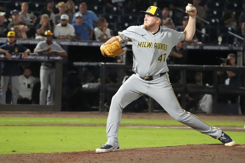 May 9, 2025; Tampa, Florida, USA; Milwaukee Brewers relief pitcher Jared Koenig (47) throws a pitch against the Tampa Bay Rays during the eighth inning at George M. Steinbrenner Field. Mandatory Credit: Dave Nelson-Imagn Images
