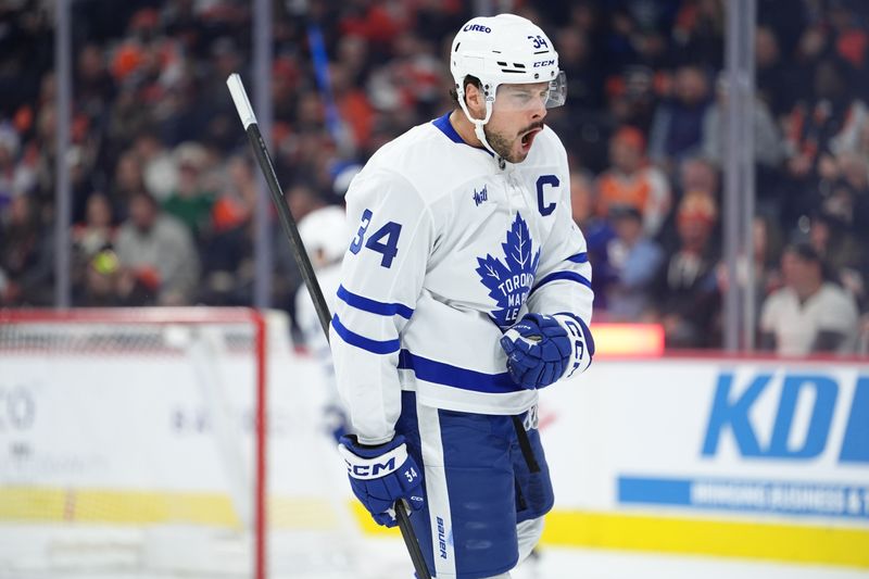Nov 1, 2025; Philadelphia, Pennsylvania, USA; Toronto Maple Leafs center Auston Matthews (34) reacts after scoring a goal against the Philadelphia Flyers in the first period at Xfinity Mobile Arena. Mandatory Credit: Kyle Ross-Imagn Images