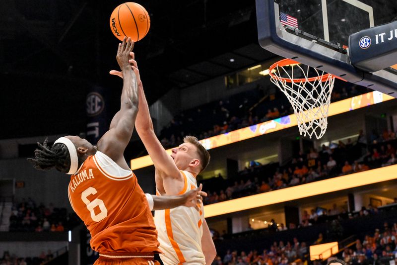 Mar 14, 2025; Nashville, TN, USA;  Texas Longhorns forward Arthur Kaluma (6) shoots over  Tennessee Volunteers forward Igor Milicic Jr. (7) during the second half at Bridgestone Arena. Mandatory Credit: Steve Roberts-Imagn Images
