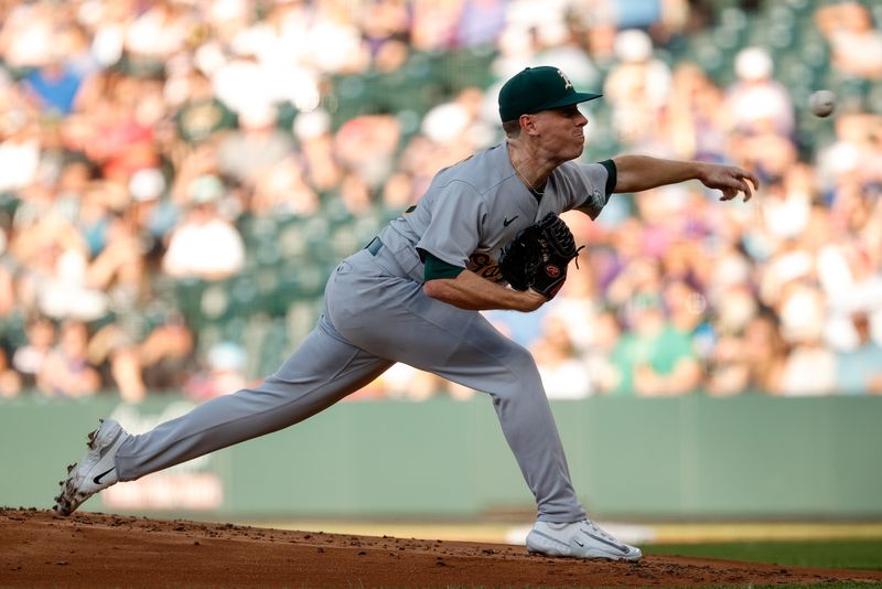 Jul 28, 2023; Denver, Colorado, USA; Oakland Athletics starting pitcher JP Sears (38) pitches in the first inning against the Colorado Rockies at Coors Field. Mandatory Credit: Isaiah J. Downing-USA TODAY Sports