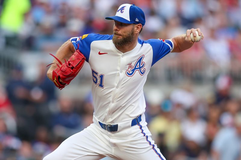 Apr 19, 2025; Atlanta, Georgia, USA; Atlanta Braves starting pitcher Chris Sale (51) throws against the Minnesota Twins in the first inning at Truist Park. Mandatory Credit: Brett Davis-Imagn Images