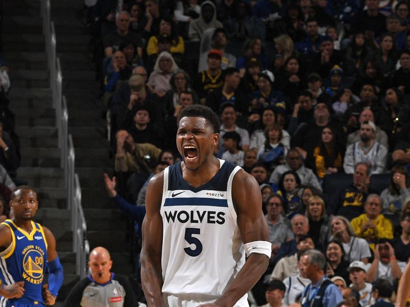 SAN FRANCISCO, CA - DECEMBER 6: Anthony Edwards #5 of the Minnesota Timberwolves celebrates during the game against the Golden State Warriors on December 6, 2024 at Chase Center in San Francisco, California. NOTE TO USER: User expressly acknowledges and agrees that, by downloading and or using this photograph, user is consenting to the terms and conditions of Getty Images License Agreement. Mandatory Copyright Notice: Copyright 2024 NBAE (Photo by Noah Graham/NBAE via Getty Images)