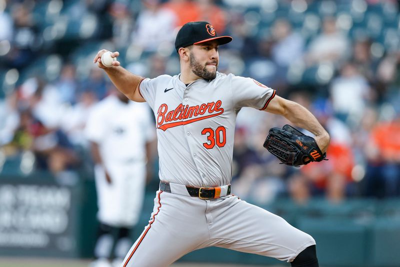 May 23, 2024; Chicago, Illinois, USA; Baltimore Orioles starting pitcher Grayson Rodriguez (30) delivers a pitch against the Chicago White Sox during the first inning at Guaranteed Rate Field. Mandatory Credit: Kamil Krzaczynski-USA TODAY Sports