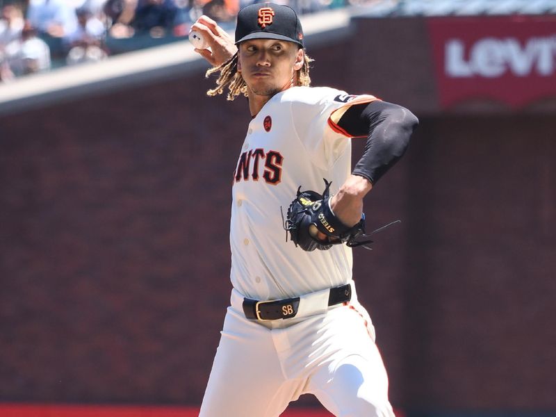 Jun 30, 2024; San Francisco, California, USA; San Francisco Giants starting pitcher Spencer Bivens (76) pitches the ball against the Los Angeles Dodgers during the first inning at Oracle Park. Mandatory Credit: Kelley L Cox-USA TODAY Sports