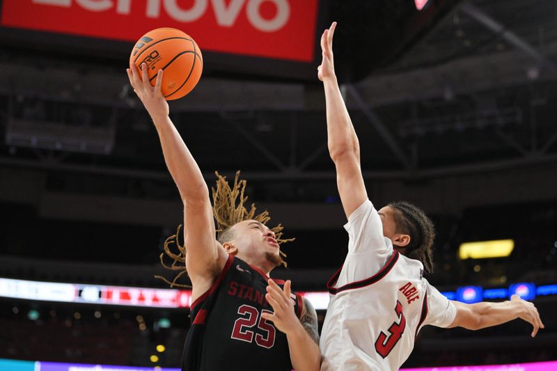 Mar 7, 2026; Raleigh, North Carolina, USA;  Stanford Cardinal guard Jeremy Dent-Smith (25) lays the ball up under pressure from NC State Wolfpack guard Matt Able (3) during the second half at Lenovo Center. Mandatory Credit: Zachary Taft-Imagn Images