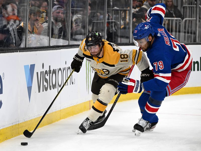 Mar 21, 2024; Boston, Massachusetts, USA; Boston Bruins center Pavel Zacha (18) skates against New York Rangers defenseman K'Andre Miller (79) during the third period at the TD Garden. Mandatory Credit: Brian Fluharty-USA TODAY Sports