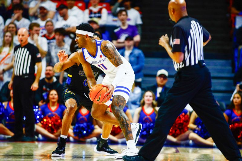 Feb 20, 2024; Boise, Idaho, USA;  Boise State Broncos guard Chibuzo Agbo (11) during the first half against the San Jose State Spartans at ExtraMile Arena. Mandatory Credit: Brian Losness-USA TODAY Sports

