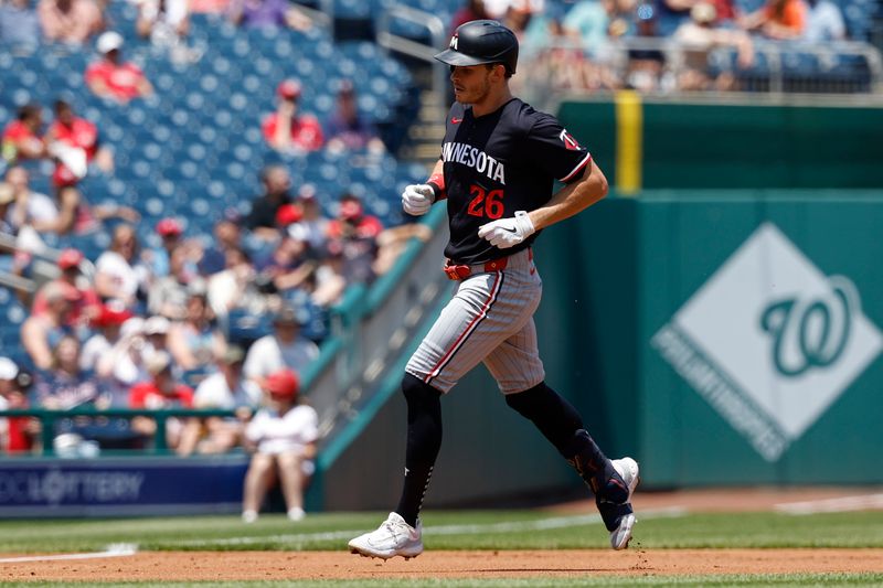 May 22, 2024; Washington, District of Columbia, USA; Minnesota Twins outfielder Max Kepler (26) rounds the bases after hitting a home run against the Washington Nationals during the second inning at Nationals Park. Mandatory Credit: Geoff Burke-USA TODAY Sports