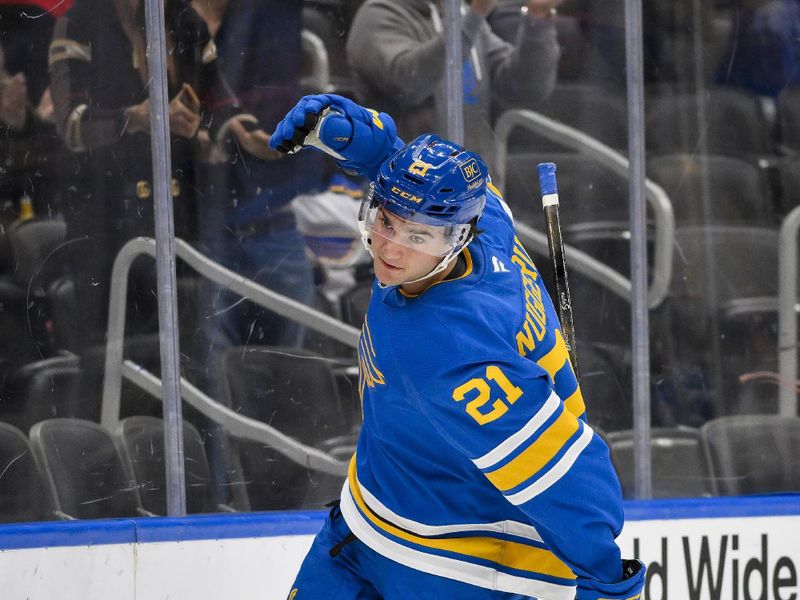 Oct 30, 2025; St. Louis, Missouri, USA; St. Louis Blues right wing Jimmy Snuggerud (21) reacts after scoring against the Vancouver Canucks during the second period at Enterprise Center. Mandatory Credit: Jeff Curry-Imagn Images