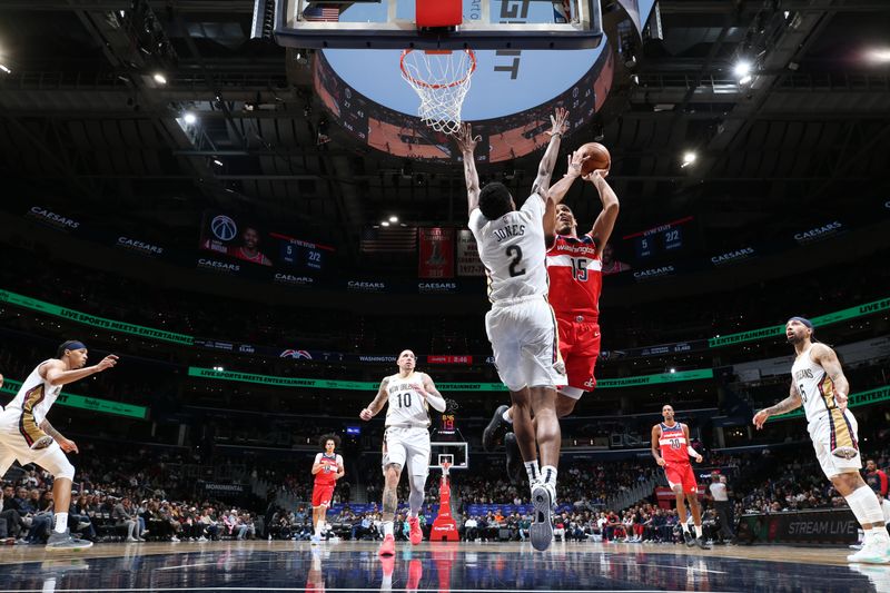 WASHINGTON, DC -? JANUARY 5:  Malcolm Brogdon #15 of the Washington Wizards drives to the basket during the game against the New Orleans Pelicans on January 5, 2025 at Capital One Arena in Washington, DC. NOTE TO USER: User expressly acknowledges and agrees that, by downloading and or using this Photograph, user is consenting to the terms and conditions of the Getty Images License Agreement. Mandatory Copyright Notice: Copyright 2025 NBAE (Photo by Stephen Gosling/NBAE via Getty Images)