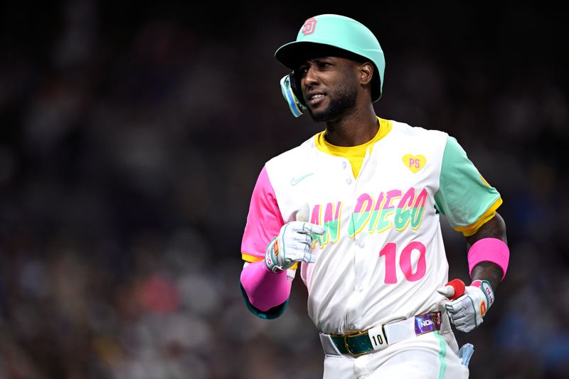 Apr 19, 2024; San Diego, California, USA; San Diego Padres left fielder Jurickson Profar (10) looks on after lining out to end the sixth inning against the Toronto Blue Jays at Petco Park. Mandatory Credit: Orlando Ramirez-USA TODAY Sports 