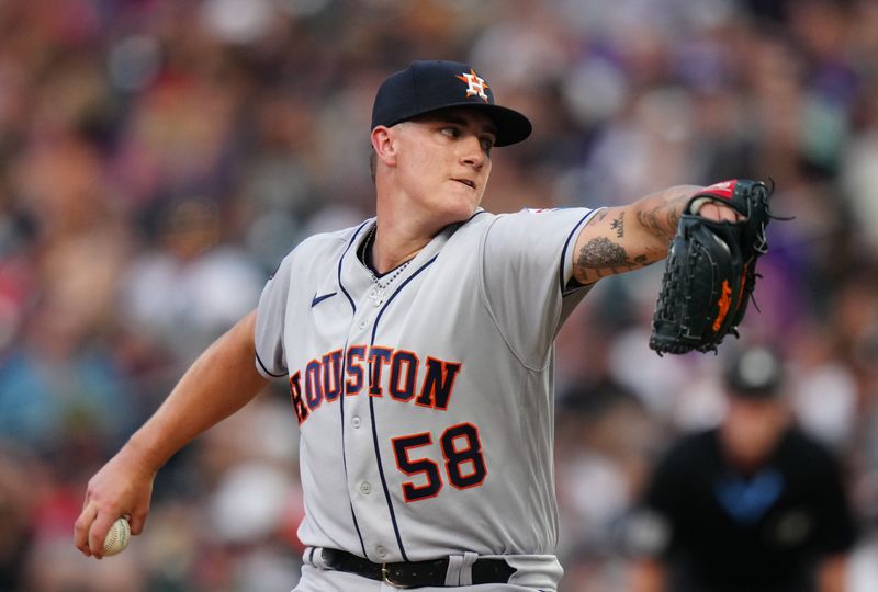 Jul 18, 2023; Denver, Colorado, USA; Houston Astros starting pitcher Hunter Brown (58) delivers a pitch in the fourth inning against the Colorado Rockies at Coors Field. Mandatory Credit: Ron Chenoy-USA TODAY Sports