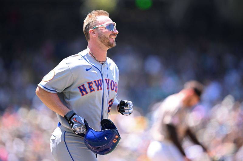 Jul 9, 2023; San Diego, California, USA; New York Mets first baseman Pete Alonso (20) advances to first base after being hit by a pitch during the fourth inning against the San Diego Padres at Petco Park. Mandatory Credit: Orlando Ramirez-USA TODAY Sports