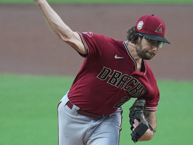 Aug 17, 2023; San Diego, California, USA;  Arizona Diamondbacks starting pitcher Zac Gallen (23) throws a pitch against the San Diego Padres at Petco Park. Mandatory Credit: Ray Acevedo-USA TODAY Sports